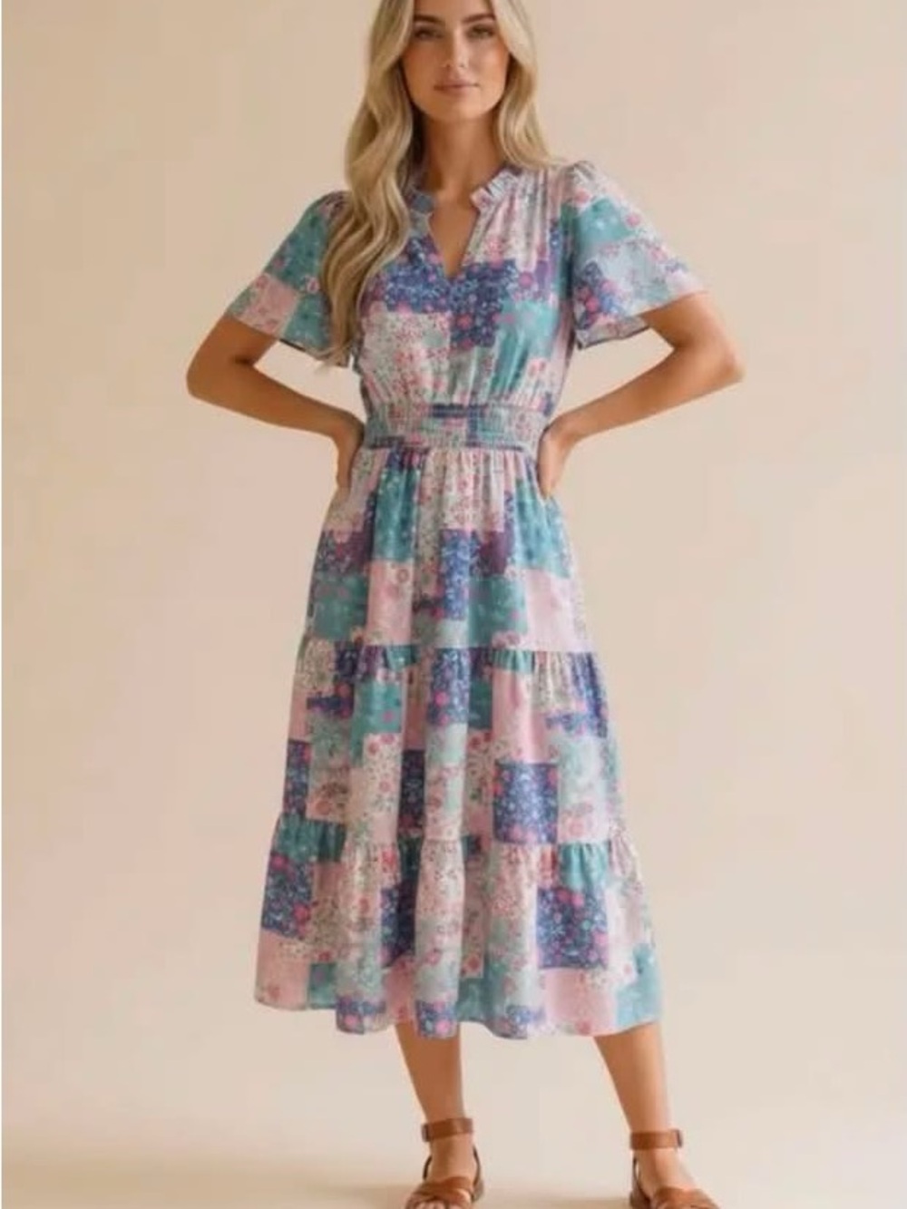Patchwork Floral Tiered Midi Dress in Pastel Blue and Pink